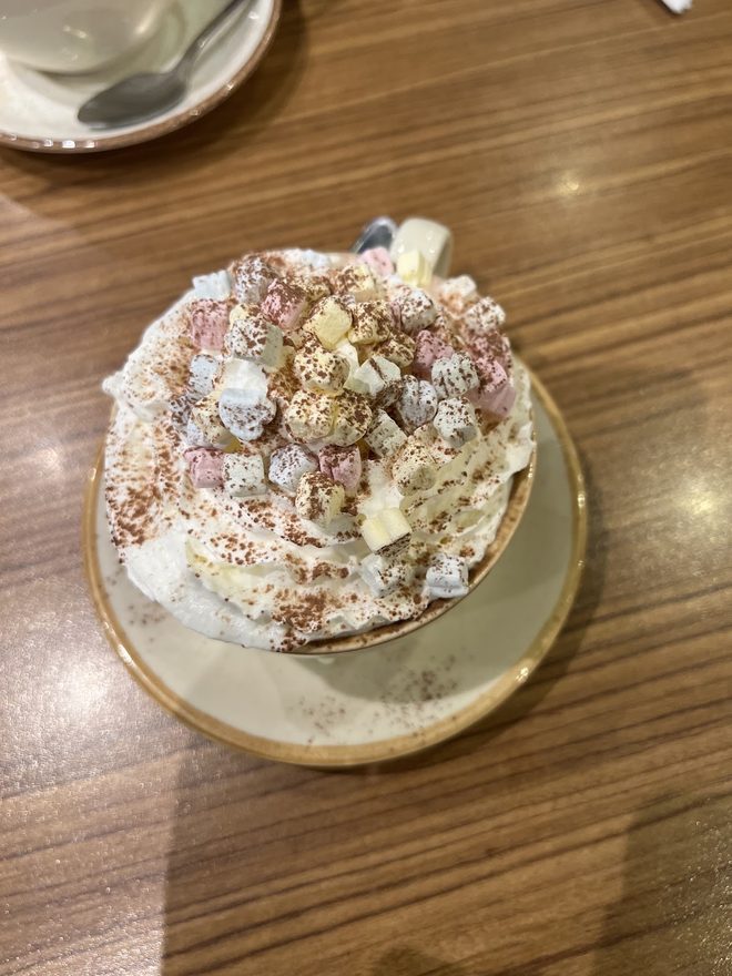 Close overhead of a loaded hot chocolate